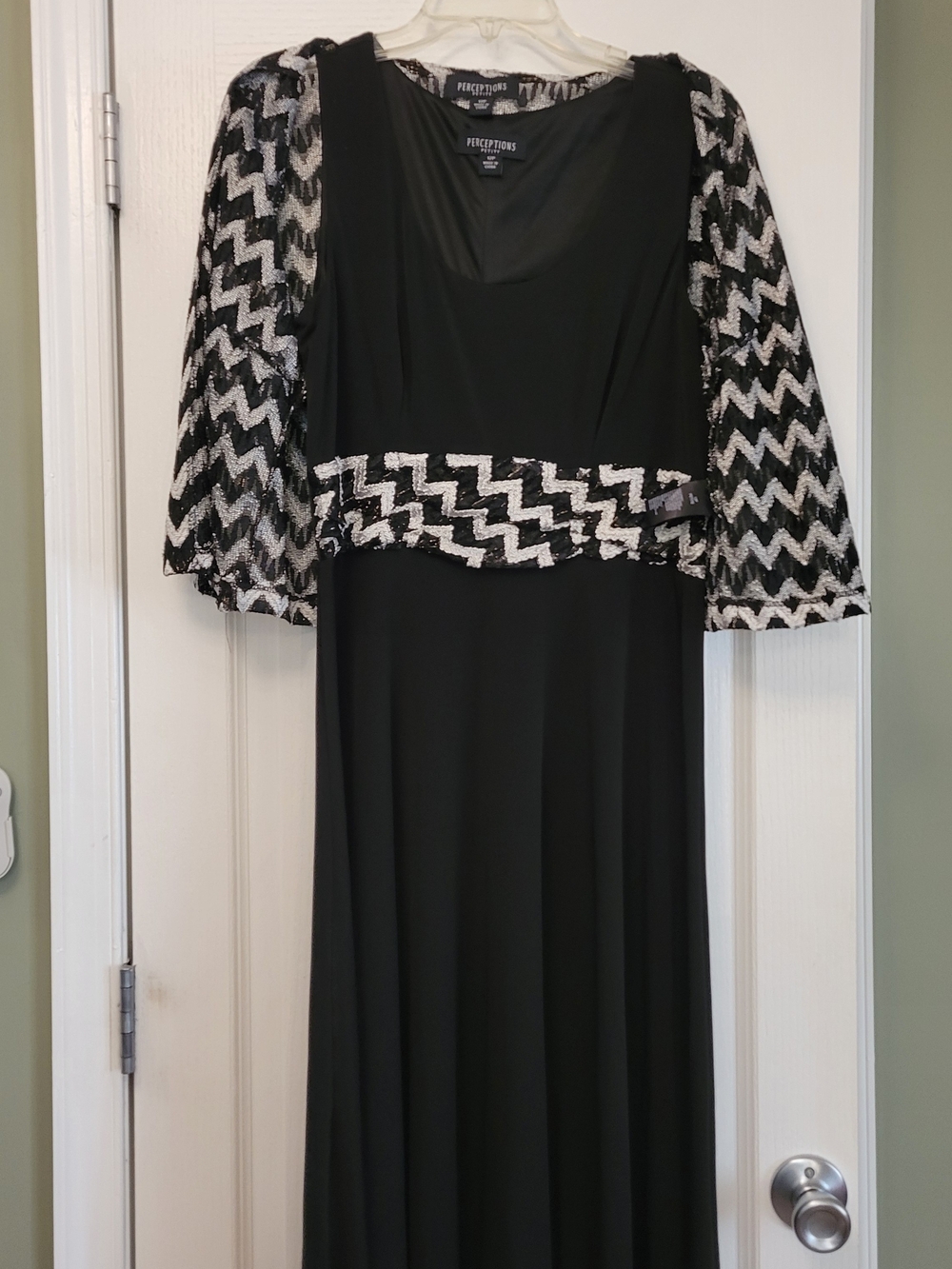 Perceptions 2pc Petite 12P Dress & Jacket Black/White Chevron Lace Metallic